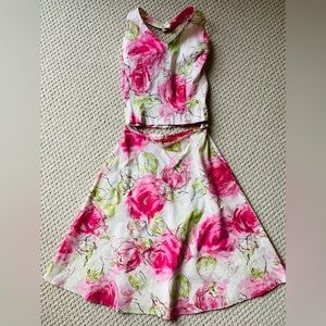 Backless floral print co-ord Tank Top Skirt cotton A-line set size XS Pink white